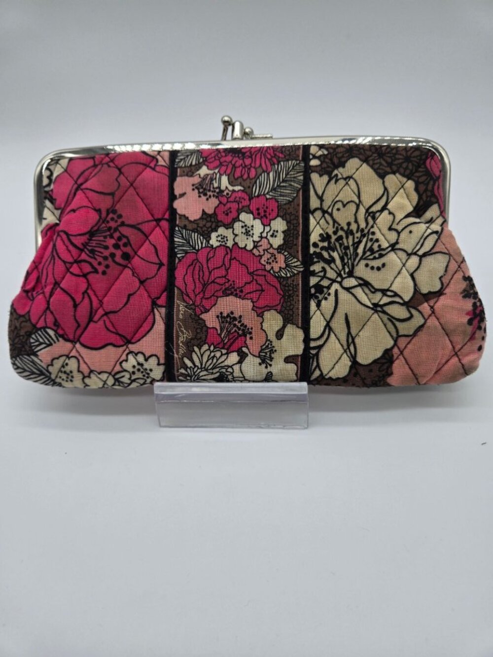 Retired Vera Bradley Mocha Rouge Double Kiss Lock Clutch Wallet Floral Purse